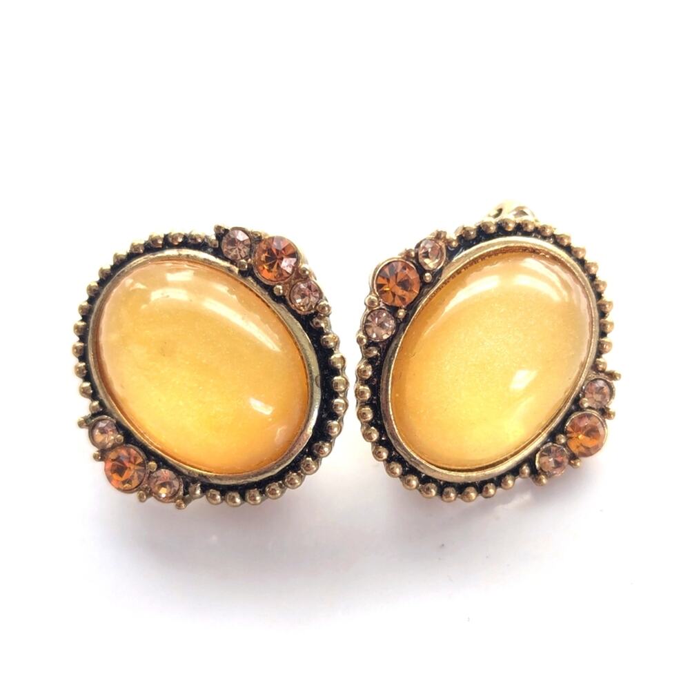 Vintage Victorian Inspired Gold Tone Moonglow Acrylic Rhinestone Clip Earrings